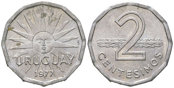 Уругвай 2 сентесимо 1977 KM 72 алюминий aUNC 4615-117