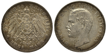 Бавария 3 марки 1911 Отто (1886-1913) Weege 45, J. 47, KM 515 серебро 3711-2025