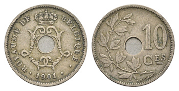 Бельгия 10 сантимов 1901 Belgique, Леопольд I (1865-1909) KM 48 медно-никель 4615-923