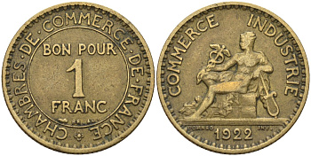 Франция 1 франк 1922 KM 876, Le Franc 218.5 алюминиевая бронза 4142-641