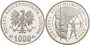 Польша 1000 злотых 1987 MW, XXIV летние Олимпийские игры 1988 года в Сеуле, стрельба из лука, мишень, PROBA, проба, тираж 10000 экз. KM Pr 567, Parchimowicz P.493a серебро PROOF 1085-2-23