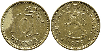 ФИНЛЯНДИЯ 10 ПЕННИ 1973 S KM 46 алюминиевая бронза 46-369