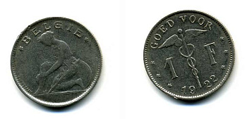 БЕЛЬГИЯ 1 ФРАНК 1922 BELGIE KM 90 никель 58-1223