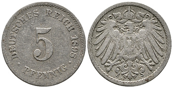 Германия 5 пфеннигов 1898 J KM 11, Jager 12, Weege 6 медно-никель 39-727