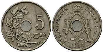 Бельгия 5 сантимов 1914 Belgie KM 67 медно-никель 4173-169