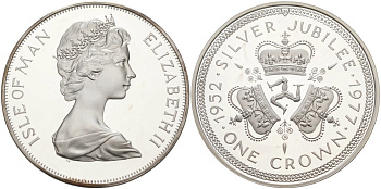 Остров Мэн 1 крона 1977 Серебряный юбилей правления королевы Елизаветы II, три короны KM 41а серебро PROOF 3-4-4-23