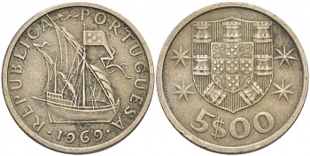 ПОРТУГАЛИЯ 5 ЭСКУДО 1969 ПАРУСНИК KM 591 медно-никель 3457-614