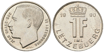 Люксембург 1 франк 1990 Герцог Жан (1964-1999) KM 63 сталь плакированная никелем UNC 4617-1051