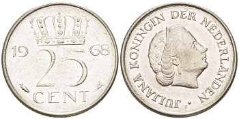 НИДЕРЛАНДЫ 25 ЦЕНТОВ 1968 КОРОЛЕВА ЮЛИАНА KM 183 никель 3955-155