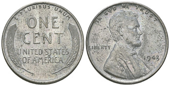США 1 цент 1943 Авраам Линкольн KM 132 a сталь покрытая цинком aUNC 112-632