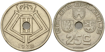 Бельгия 25 сантимов 1938 Belgie - Belgique KM 115 никель латунь 33-1152