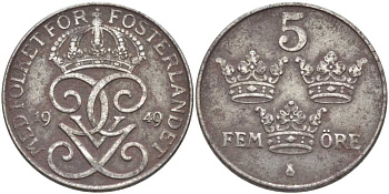 Швеция 5 эре 1949 Густав V (1907-1950) KM 812 железо 115-924