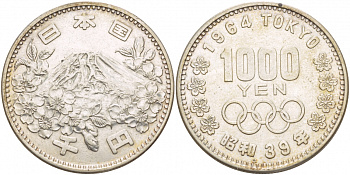 Япония 1000 йен 1964 год 39 император Хирохито (1926-1989), XVIII летние Олимпийские игры в Токио, 1964 года, Фудзияма KM 80 серебро 1521-511