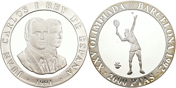 Испания 2000 песет 1991 XXV летние Олимпийские игры 1992 года в Барселоне, большой теннис KM 888 серебро PROOF 1072-8-43
