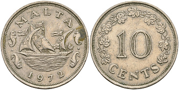 Мальта 10 центов 1972 баржа Великого магистра KM 11 медно-никель 4137-912