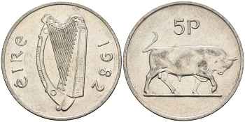 Ирландия 5 пенсов 1982 бык KM 22 медно-никель 4146-533