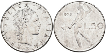 ИТАЛИЯ 50 ЛИР 1979 R, БОГ ОГНЯ ВУЛКАН У НАКОВАЛЬНИ KM 95.1 нержавеющая сталь 4525-1043