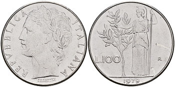 Италия 100 лир 1979 R, Афина KM 96.1 сталь    4149-343