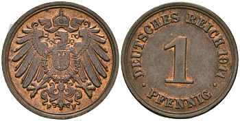 Германия 1 пфенниг 1911 F, Вильгельм II (1888-1918) KM 10, J. 10 медь 4608-617