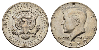 США 1/2 доллара (50 центов) 1980 D, Джон Кеннеди KM A202b медь плакированная медно-никелем UNC 4672-546