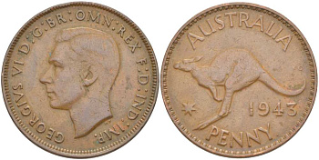 Австралия 1 пенни 1943 p, Георг VI (1936-1952), кенгуру, без буквы I KM 36 бронза 4512-1132