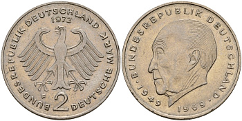 ФРГ 2 марки 1972 F, Конрад Аденауэр KM 124, J. 406 медно-никель плакированный никелем 4159-1217
