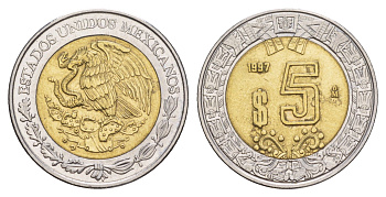 Мексика 5 песо 1997 Mo KM 605 биметалл 4637-647