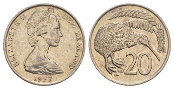 Новая Зеландия 20 центов 1977 Елизавета II (1952-2022), птичка киви KM 36.1 медно-никель 4182-1121