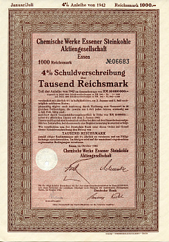 Германия 1000 рейхсмарок 1942 АО Химические заводы Эссенского каменного угля, 4 % долговое обязательство   бумага 8804-131-1