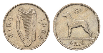 Ирландия 6 пенсов 1964 собака, ирландский волкодав KM 13a медно-никель 4687-939