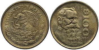 Мексика 100 песо 1990 Мо, Венустиано Карранса де ла Гарса KM 493 алюминиевая бронза 81-641