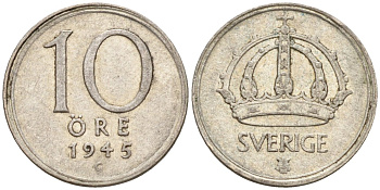 Швеция 10 эре 1945 G, Густав V (1907-1950) KM 813 серебро 4147-847