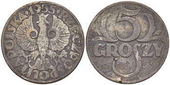 ПОЛЬША 5 ГРОШЕЙ 1935 w KM 10а, Parchimowicz 103g бронза 216-943