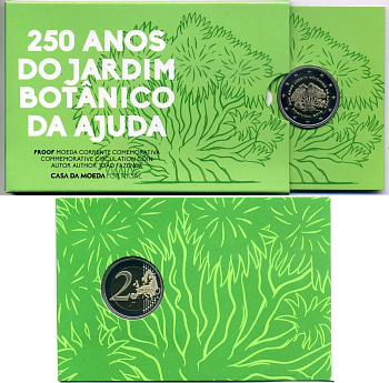 Португалия 2 евро 2018 250 лет ботаническому саду в Ажуде, запайка, картонный буклет KM 106 биметалл PROOF 3-4-8-53