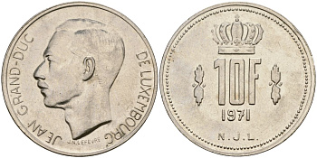 Люксембург 10 франков 1971 Великий герцог Жан (1964-2000) KM 57 никель 4120-1135