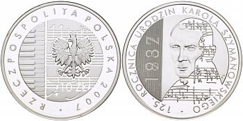 Польша 10 злотых 2007 MW, 125 лет со дня рождения Кароля Шимановского (1887-2007) KM 600 серебро PROOF 1084-7-22