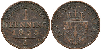 Пруссия 1 пфенниг 1855 A, Фридрих Вильгельм IV (1840-1861) KM 451 медь 4532-213