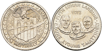 США жетон ND Аполлон 16, пятая высадка людей на Луну, C. Duke, J.Young, T.Mattingly, диаметр 26 мм. белый металл 4572-744