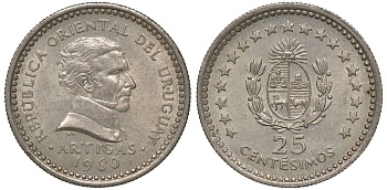 Уругвай 25 сентесимо 1960 KM 40 медно-никель 4169-931