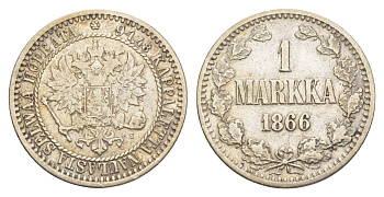 Россия для Финляндии 1 марка 1866 S, Александр II (1855-1881) Биткин 626 серебро 633-834