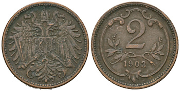 Австрия 2 геллера 1903 Франц Иосиф I (1848-1916) KM 2801 бронза 4615-561