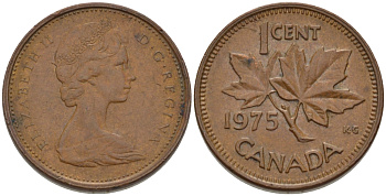 Канада 1 цент 1975 Елизавета II (1952-2022), кленовый лист KM 59.1 бронза 96-465