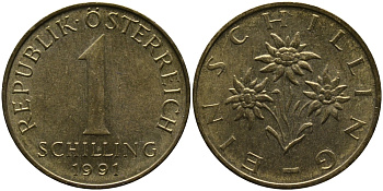АВСТРИЯ 1 ШИЛЛИНГ 1991 KM 2886 алюминиевая бронза 33-525