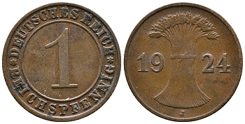 ГЕРМАНИЯ 1 РЕЙХСПФЕННИГ 1924 J KM 37, J. 313 бронза 39-858