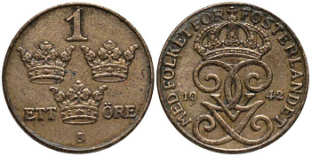 Швеция 1 эре 1942 Густав V (1907-1950) KM 777.2 бронза 201-1141