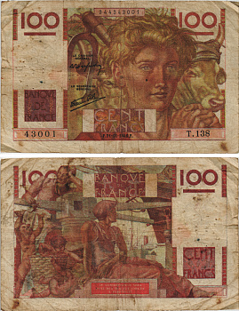 ФРАНЦИЯ 100 ФРАНКОВ 1946 21 НОЯБРЯ 1946 Pick 128а бумага 8595-47-3-2