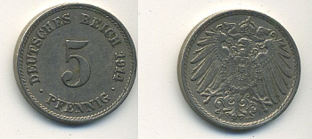 ГЕРМАНИЯ 5 ПФЕННИГОВ 1914 F, KM 11, J. 12 медно-никель 54-623