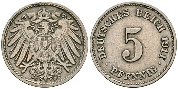 Германия 5 пфеннигов 1911 E KM 11, Jager 12, Weege 6 медно-никель 08-1335
