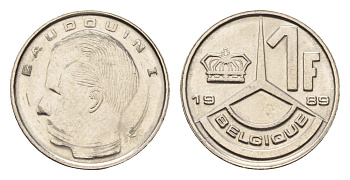 Бельгия 1 франк 1989 Belgique, Бодуэн I (1951-1993) KM 170 нержавеющая сталь UNC 4611-414