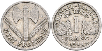 Франция 1 франк 1944 правительство Виши KM 902.1, Le Franc алюминий 4126-852